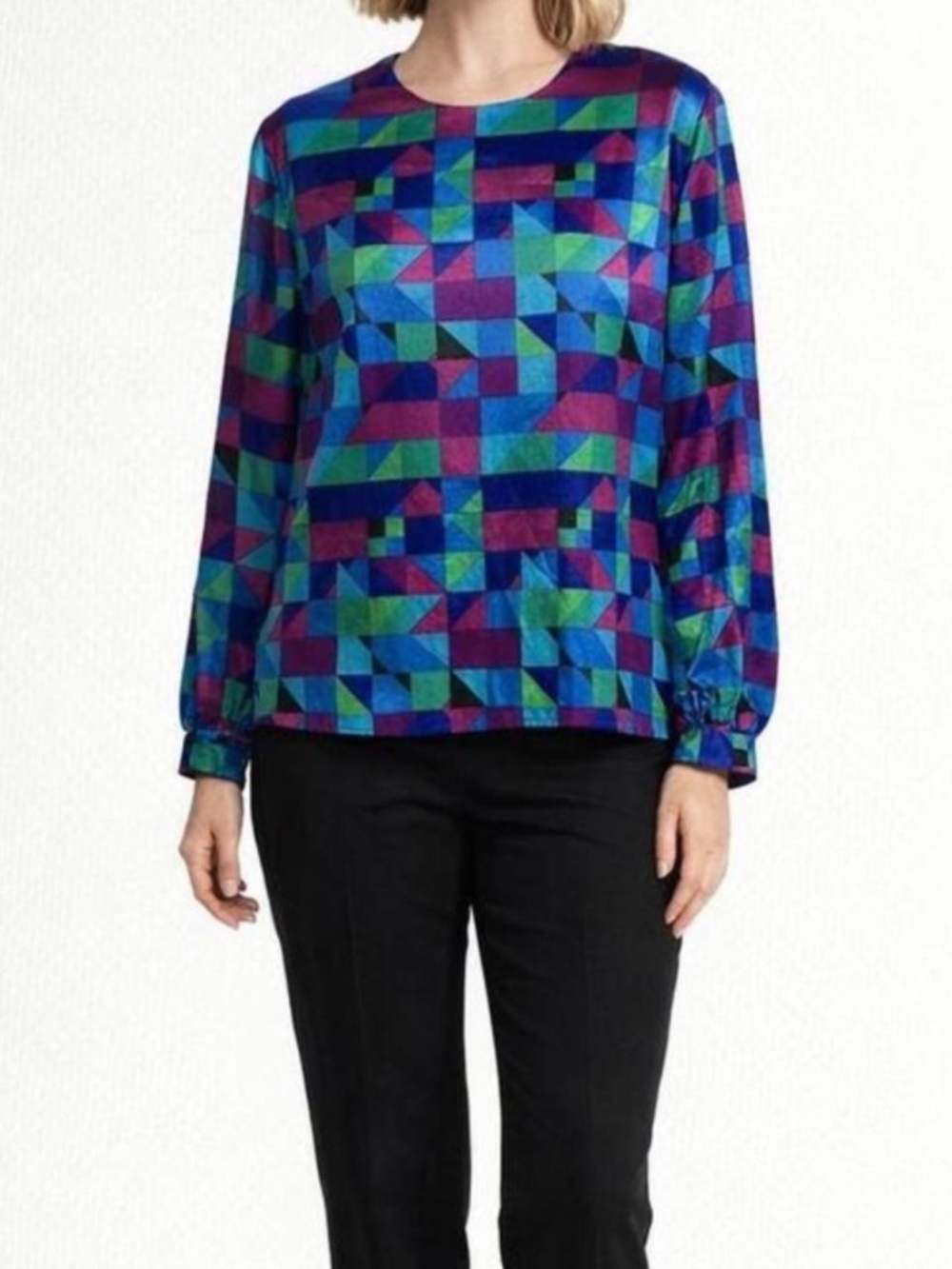 Vintage 80s Designer Geometric Satin Blouse Office Career Avante Garde